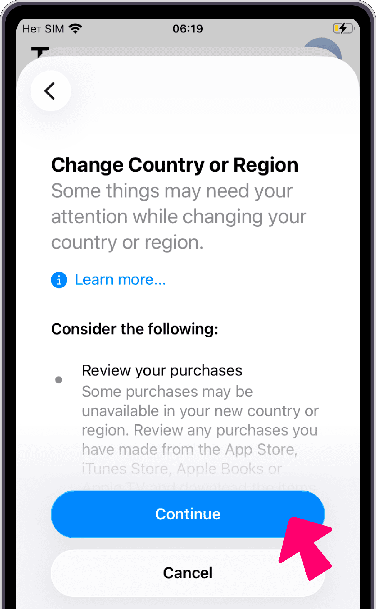 Change Country — Continue